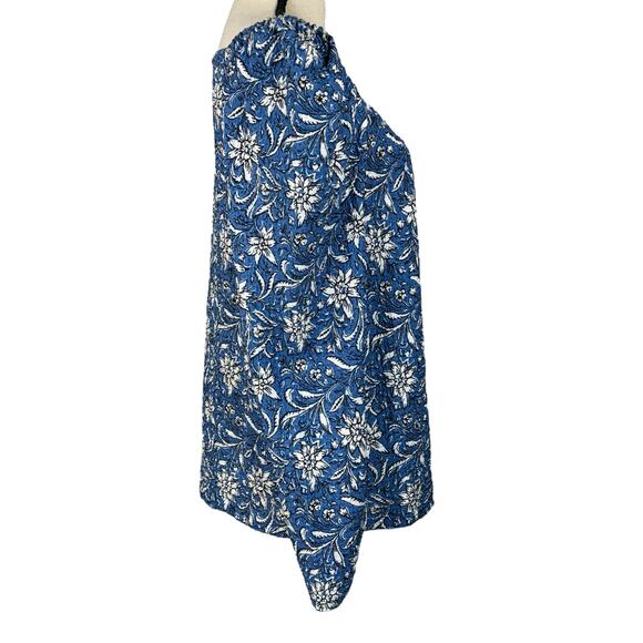 LOFT Large Top Floral Puff Sleeves Stretch Square Neck Crinkle Fabric Blue White - Picture 3 of 7